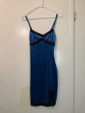 No Comment Y2K Blue Velvet Lace Trim Mini Slip Dress Size Small